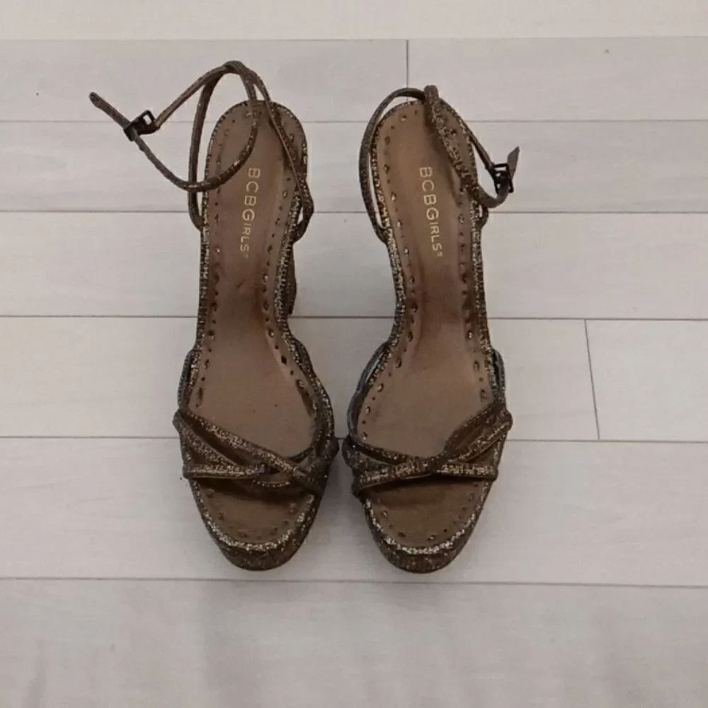 BCBG Girls Women's Brown Bronze Ankle Strap Open Toe Wedge Heels Size 8